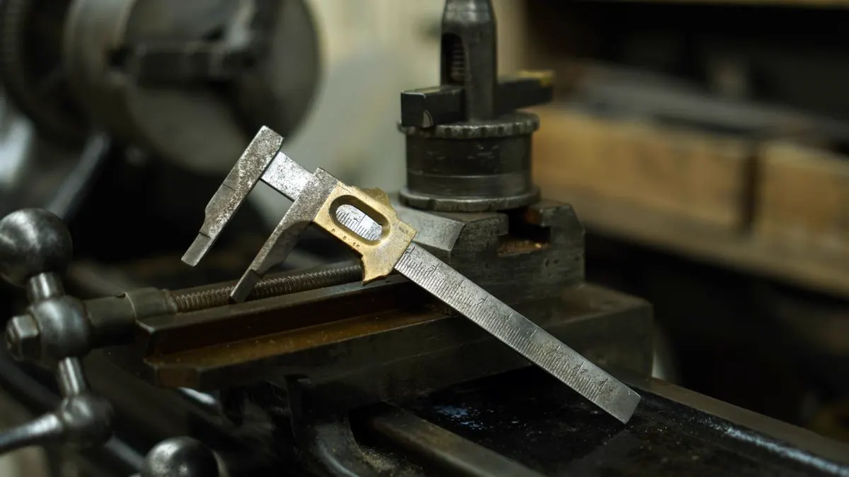 A caliper resting on a lathe